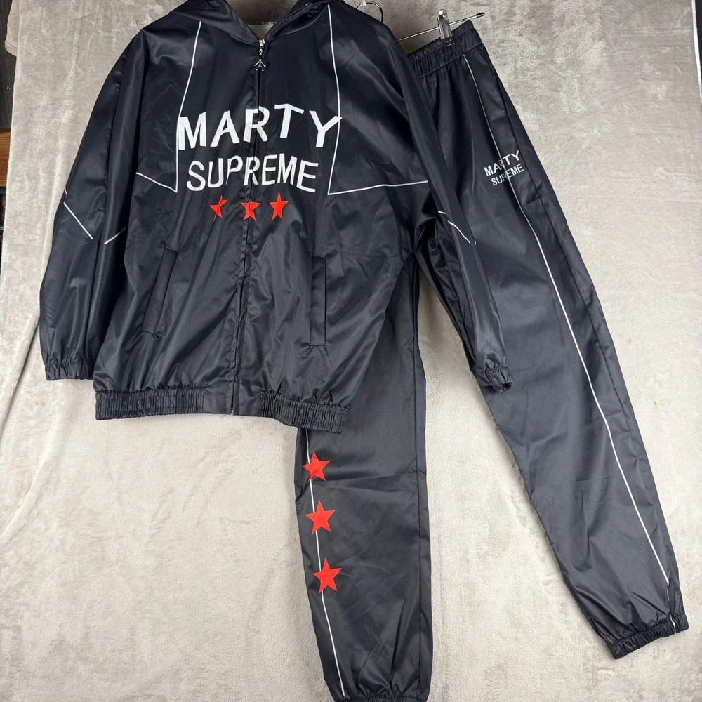 Marty Supreme Mens Graphic‎ Costume Tracksuit Set Black Hooded Jacket Pants L